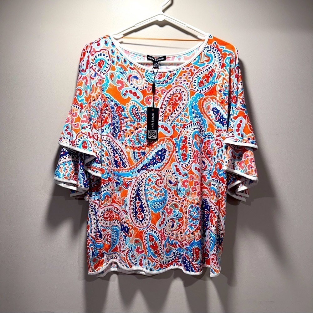 Cable & Gauge 3/4 Ruffle Bell Short Sleeve Blouse Paisley White Hem Large NWT - Picture 11 of 15